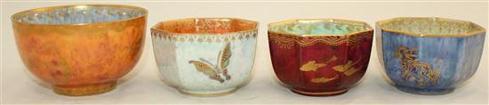 Three Wedgwood lustre octagonal tea bowls and a similar circular tea bowl, 1920-30s, 6.5cm and 8.5cm, butterfly bowl repaired